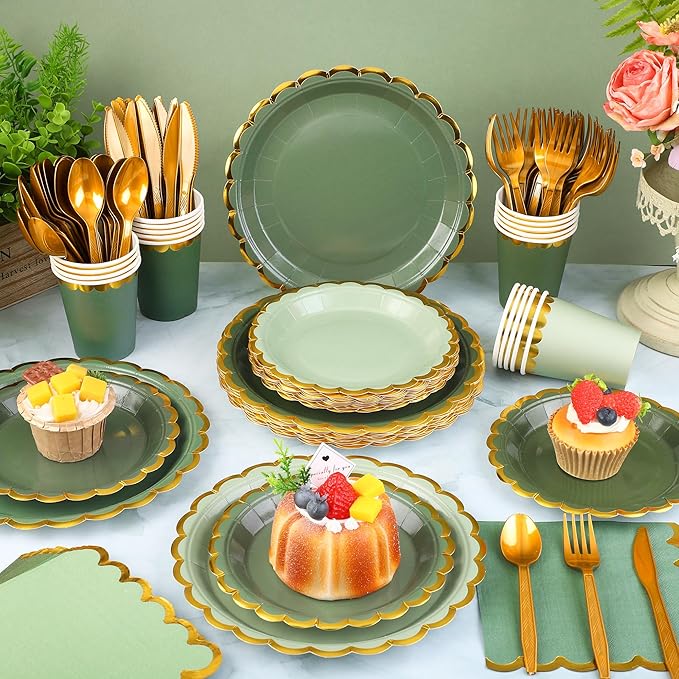 Kochorie 140 PCS Sage Green Party Supplies for 20 Guests Disposable Dinnerware Set Includes Scalloped Plates Napkins Cup Cutlery Tableware Set for Birthday Party Wedding Baby Shower Picnic