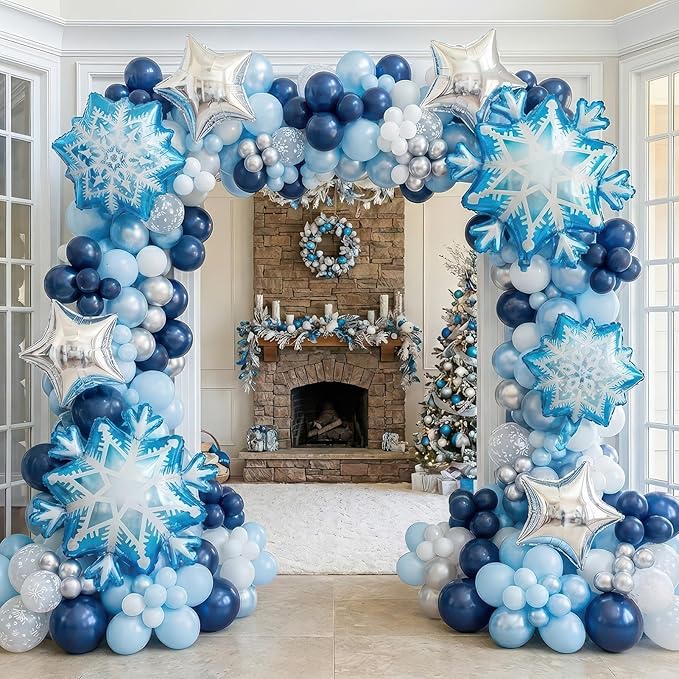 Winter wonderland balloon garland arch kit 140pcs Navy Blue White Silver with mylar snowflake star balloons for winter 1st birthday Boy baby shower snow queen Merry Christmas theme party decorations