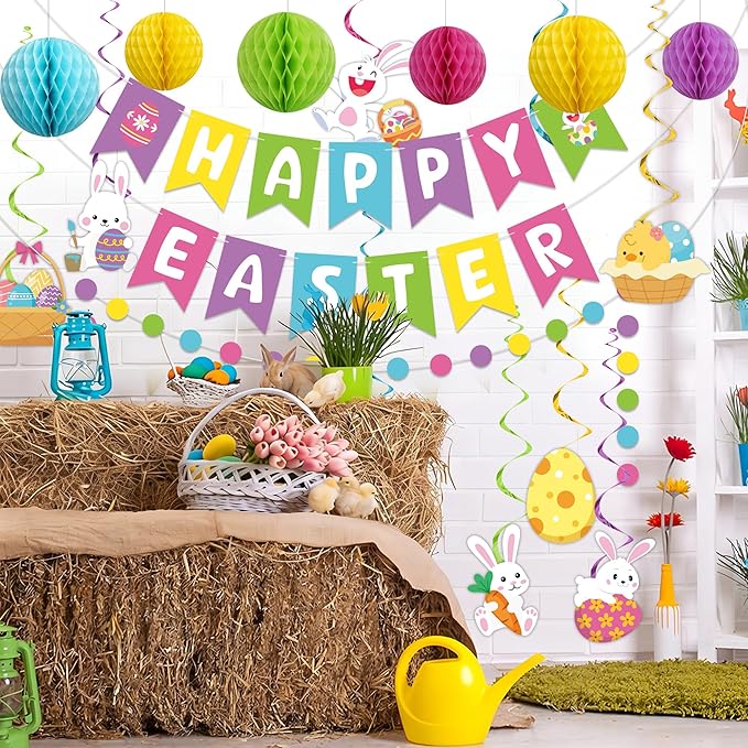 Pre-strung Easter Party Decorations Happy Easter Banner with Honeycomb Balls Egg Bunny Hanging Swirls Colorful Circle Dots Garland for Spring Party Home Classroom Office Hanging Decoration