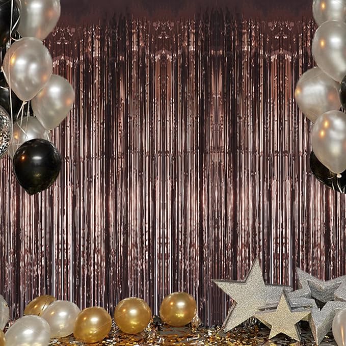 2 Pack Foil Fringe Backdrop - Brown Shiny Tinsel Curtains for Party Decoration/Photo Booth Props - 3.3x6.6 FT Metallic Foil Backdrop for Birthday, Wedding, Graduation, Christmas.