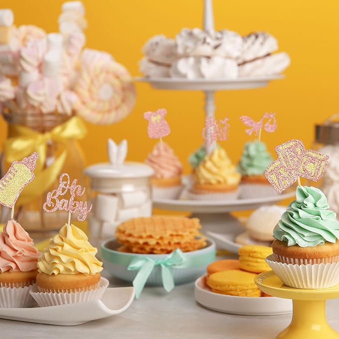 Gyufise 24Pcs Baby Shower Cupcake Toppers Glitter Bow Dress Baby Bottle Oh Baby Cupcake Picks It's a Girl Cake Decorations for Gender Reveal Baby Shower Kids Girls Birthday Party Supplies Rose Gold