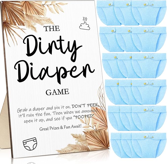 Roowest 51 Pcs Dirty Diaper Baby Shower Games Funny Wooden Sign with 50 Pcs Mini Diapers Cute Felt for Gender Reveal Party Baby Shower(Boho Blue)