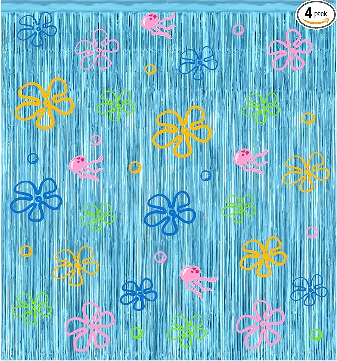 4 Pack Cartoon Sponge Theme Party Decorations 3.2ft X 8.2ft Under the Sea Party Supplies Flowers Bubbles Jellyfish Foil Fringe Photo Backdrop Decor for Birthday Sponge Party Photo Props
