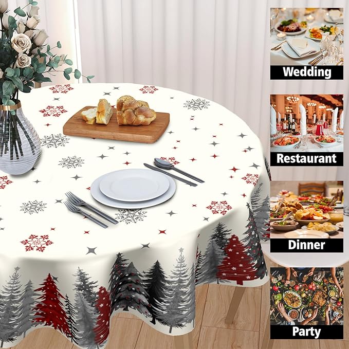 Christmas Snowflake Round Tablecloth 60 Inch Gary and Red Xmas Tree Pattern Circle Table Cloth Winter Holiday Table Cover for Home Kitchen Dinning Party Decor