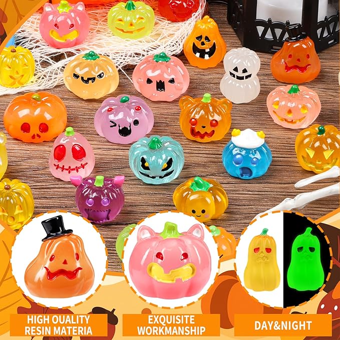 36 Pcs Halloween Luminous Mini Resin Pumpkin Figures Fall Small Resin Pumpkin Decoration Glow in The Dark Artificial Pumpkin Miniatures to Hide for Crafts Dollhouse Halloween Party Home Table Decor