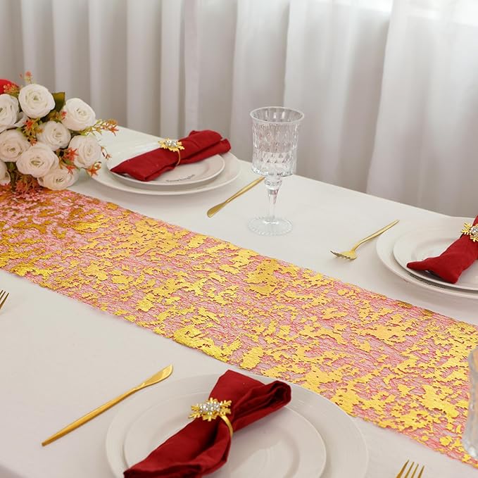 Snowkingdom 2Pcs Red Gold Table Runner, 11×108 Inch Sequin Glitter Foil Metallic Thin Mesh Table Runner, Gold Sparkle Centerpiece for Wedding Party Birthday Holiday Kitchen Dinner Decoration