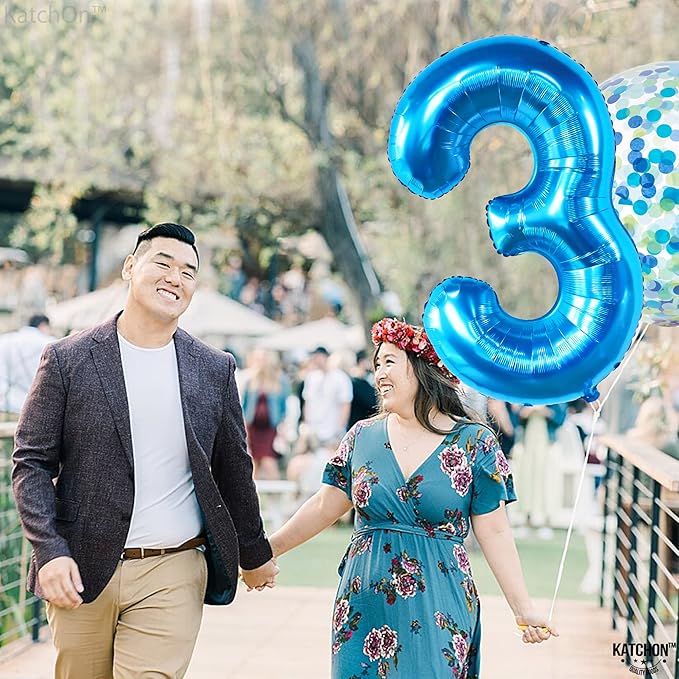 KatchOn, Giant Blue Number 3 Balloon - 40 Inch | Baby Shark Birthday Decorations Girls and Boys| Number Three Balloons for Under The Sea Party Decoration | Blue 3 Balloon, 3rd Anniversary Decorations