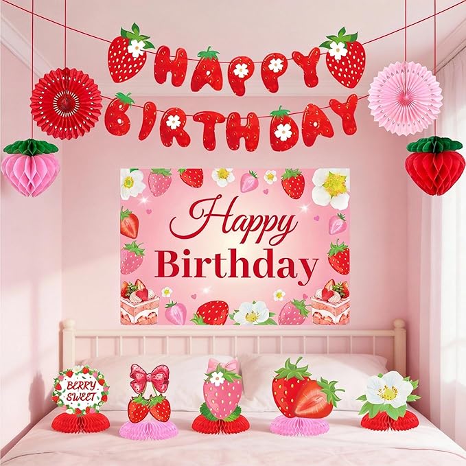 Strawberry Birthday Party Decorations,Strawberries Banner Backdrop Red Pink Fans Hanging Swirls honeycomb ball Pom Poms for Baby Shower Strawberrys Shortcake Party Supplies(Strawberry)