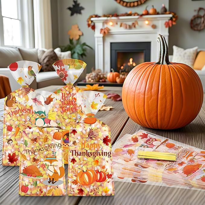 Litmitfu 100 Pcs Happy Thanksgiving Treat Bags - Plastic Fall Thanksgiving Gift Bags, Clear Autumn Goodie Candy Favor Cellophane Bag with Gold Twist Ties for Thanksgivings Party Favors Supplies