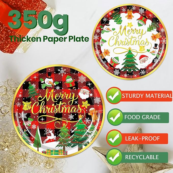 Christmas Party Decorations Supplies - 175 PCS Merry Christmas Red Plaid Disposable Dinnerware Set Xmas Paper Plates and Napkins Sets with Cups Fork Spoon for Holiday Party Supplies, Serve 25