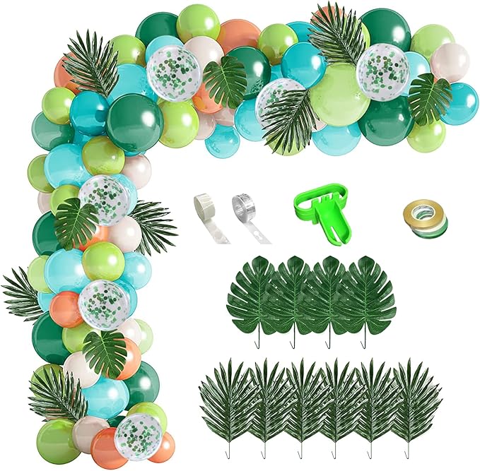 XIRUISHEN 118 PCS Tropical Forest Balloon Arch Garland Kit, Green Confetti Balloon Palm Leaf Hawaiian Theme Graduation Ceremony Anniversary Celebration Birthday Party Wedding Decorations