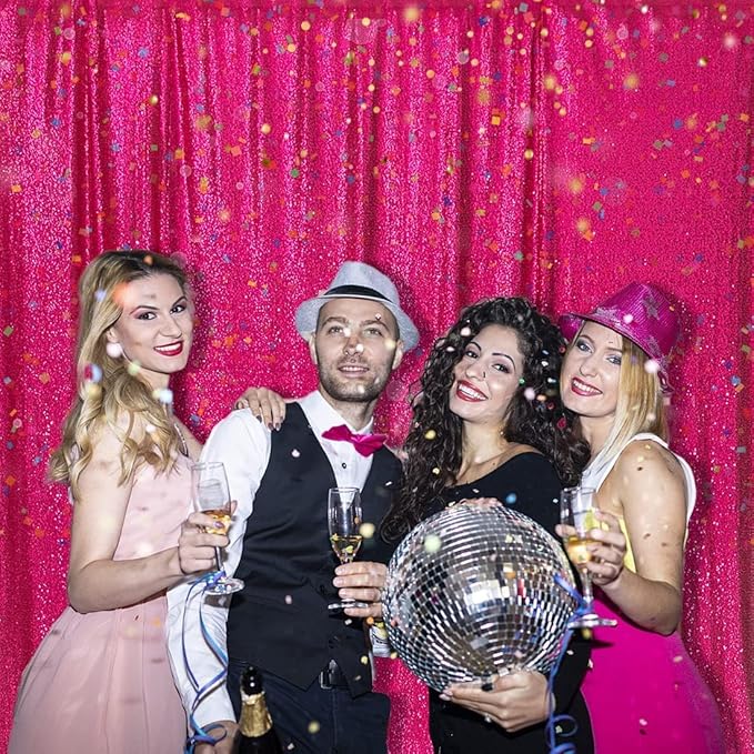 PartyDelight Hot Pink Sequin Backdrop 8x8ft - High Density 3mm Shimmer Sequin Background with 4-Inch Rod Pocket, Sparkly Photography Curtain for Wedding, Bachelorette Party & Event Decor