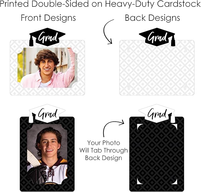 Graduation Photo Display Centerpiece Kit - 15 Double-Sided Photo Table Topper Sticks, Vertical and Horizontal 4x6 Picture Holders, DIY Party Decoration Set - Black and White Grad