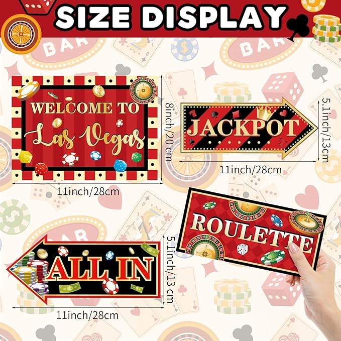 20 Pieces Casino Party Decorations Vegas Themed Party Directional Signs Casino Signs Welcome to Las Vegas Party Decorations Casino Night Poker Chip Dice Birthday Party Supplies