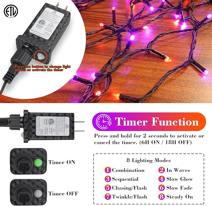 Halloween String Lights Plug in,33FT 100 LED String Lights with 8 Modes & Timer, Halloween Decorations for Party Carnival Supplies, Outdoor Indoor Yard Garden Decor, Purple & Orange