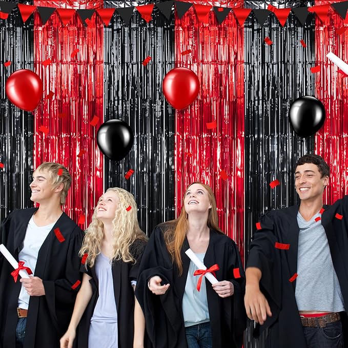 6 Pack 3.3Ft x 6.6Ft Graduation Foil Fringe Curtain Backdrop Decorations, Red Black Metallic Tinsel Foil Streamers Curtain Photo Booth Background for Graduation Prom Wedding Birthday Party Decorations