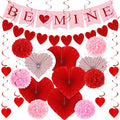 26PCS Valentines Decorations, Happy Valentines BE MINE Banner, Heart Felt Garland Paper Fans POMPOM Flowers, Red Pink Hanging Swirls for Heart Love Party Decorations Decor Wedding Supplies