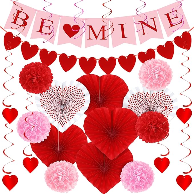 26PCS Valentines Decorations, Happy Valentines BE MINE Banner, Heart Felt Garland Paper Fans POMPOM Flowers, Red Pink Hanging Swirls for Heart Love Party Decorations Decor Wedding Supplies