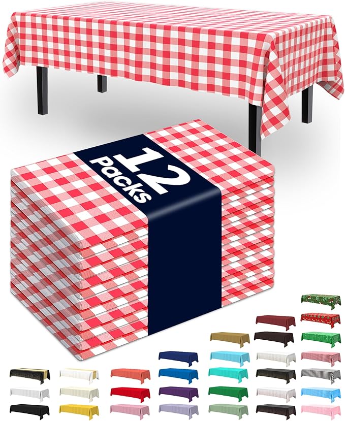 Pureegg Plastic Table Cloth Disposable 12 Pack, 54 x 108 Inch Table Cloths, Party, Picnic, Decorative Gingham Tablecloths, Rectangle, Red and White Checkered Cover, Leakproof & Sturdy, Red Plaid