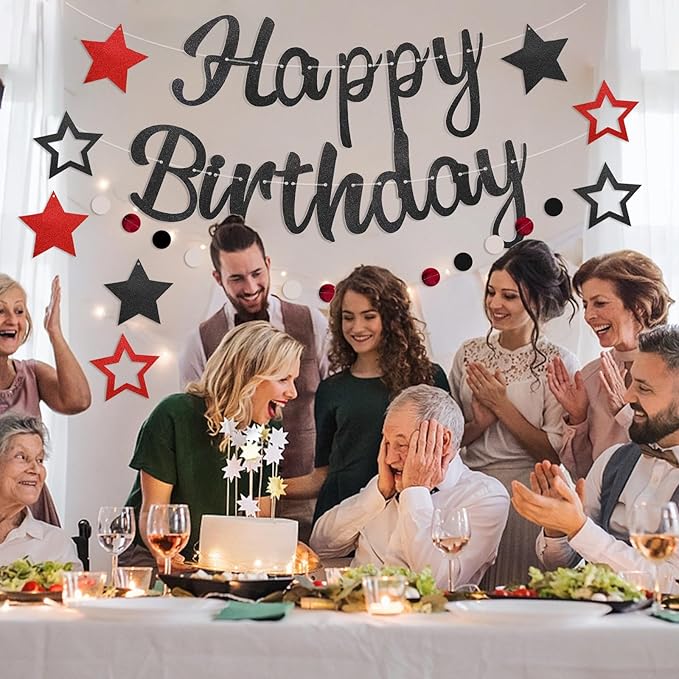 Pre-Strung Happy Birthday Banner, NO DIY Birthday Decorations with Circle Dot Garland，Happy Birthday Party Decorations for Women Men Girls Boys (Red Black)