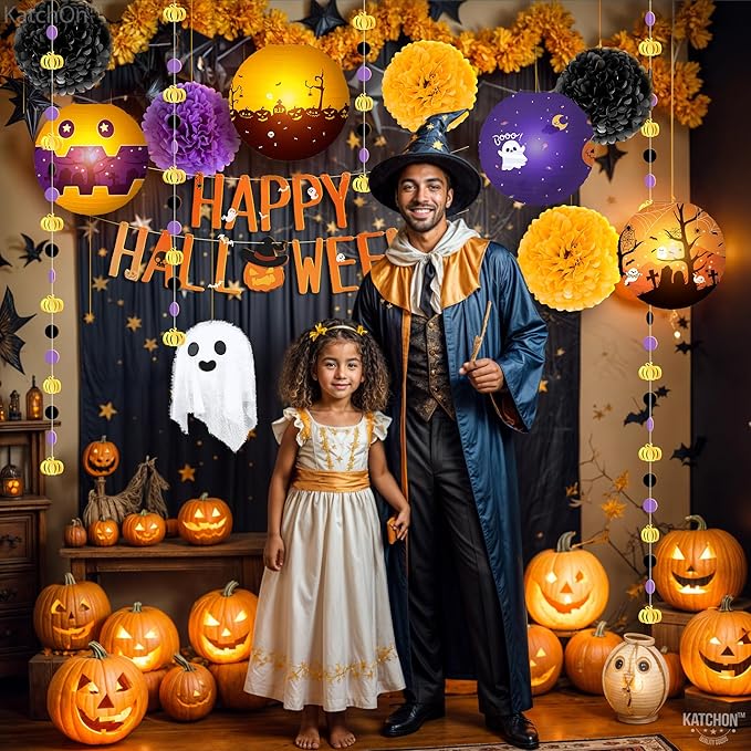 KatchOn, Hanging Halloween Decorations Set - Pack of 14 | Purple and Black Theme Party Supplies | Halloween Party Decorations for Wall | Happy halloween Banner, Sign for Spooky Decor
