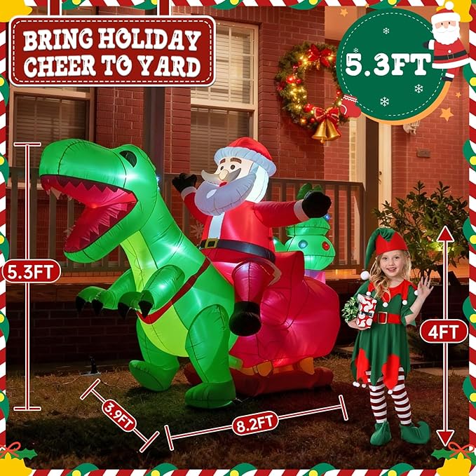 JOYHALO 8.2FT Long Christmas Inflatables with LED Santa Ride on Dinosaur Outdoor Christmas Dinosaur Inflatable Blow Up Yard Decorations with Sandbags Stakes Strings for Garden Decor