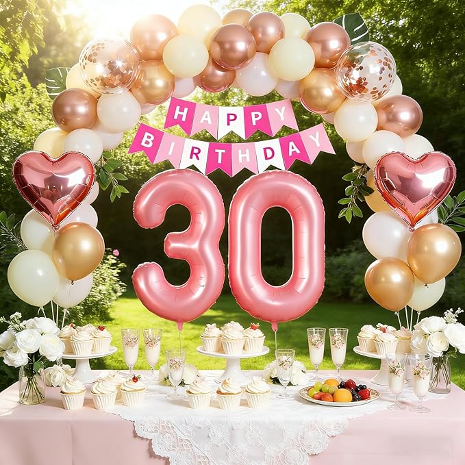 30th Birthday Decorations for Women, Rose Gold and Black Party Supplies Set with Happy 30th Banner, Number 30 Balloon and Foil Fringe Curtains, 30 Year Old Kit