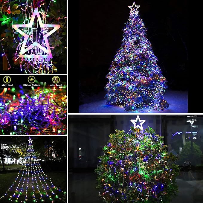 Christmas Decoration Lights, Outdoor Christmas String Lights 320 LED 11.5 Ft Waterfall Tree Light with Big Star Topper 8 Light Modes for Xmas New Year Holiday Garden Yard Indoor Outdoor Decor