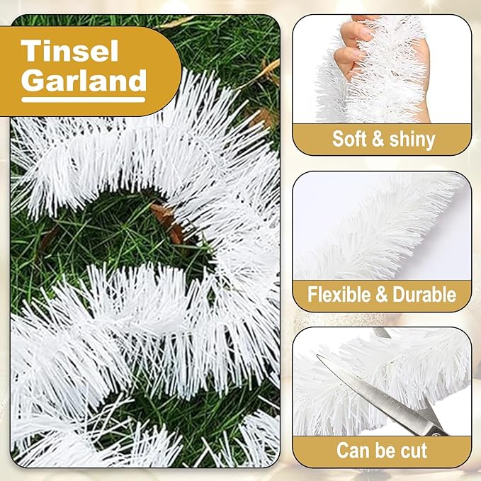 50 Feet Christmas Tinsel Garland, Metallic Twist Garland Wall Hanging Tinsel Garland Backdrop for Parade Floats, Carnival, Birthday, Wedding, New Year Party Decorations (Macaron White, 2in x 50ft)