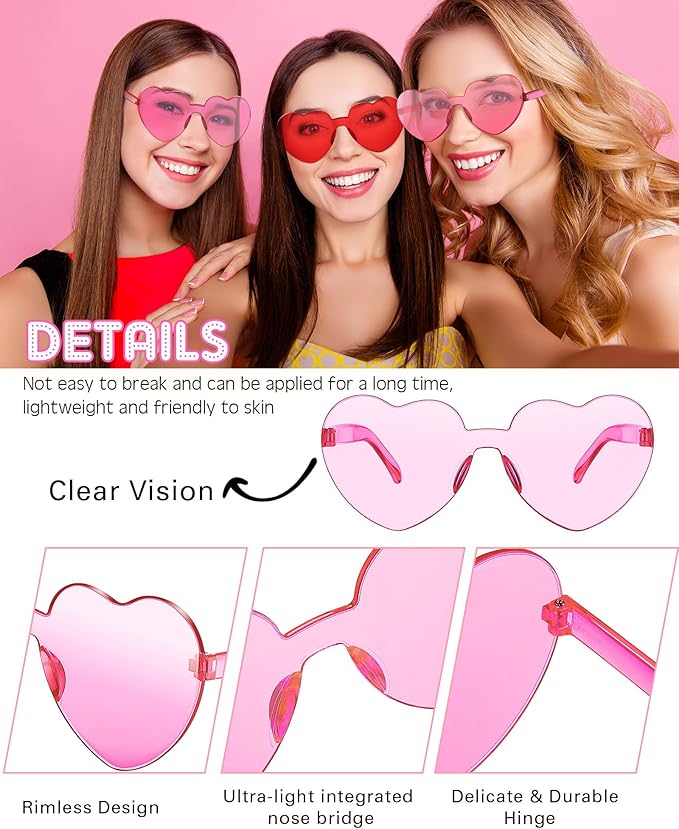 Frienda 20 Pairs Heart Shaped Sunglasses Rimless Candy Color Glasses for Women Men Party Favor
