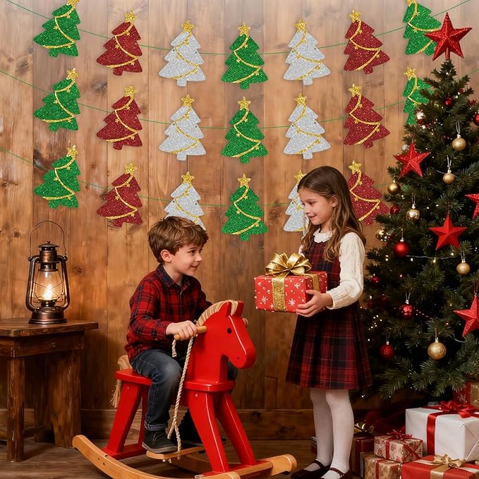 3 Set Pre-Strung Christmas Decorations,Glitter Christmas Tree Banner Garland for Winter Party,Mantle Decor,Xmas Door Wall Window Hanging Decoration,Happy Holidays Decorations