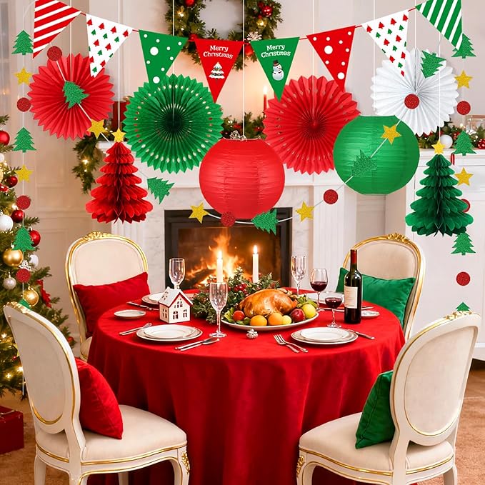 Christmas Party Decorations - Red & Green Christmas Flag, Xmas Tree Honeycomb Balls Garland Paper Fans Paper Lanterns for Holiday Party Decorations Winter Party New Year's Eve Classroom Decor