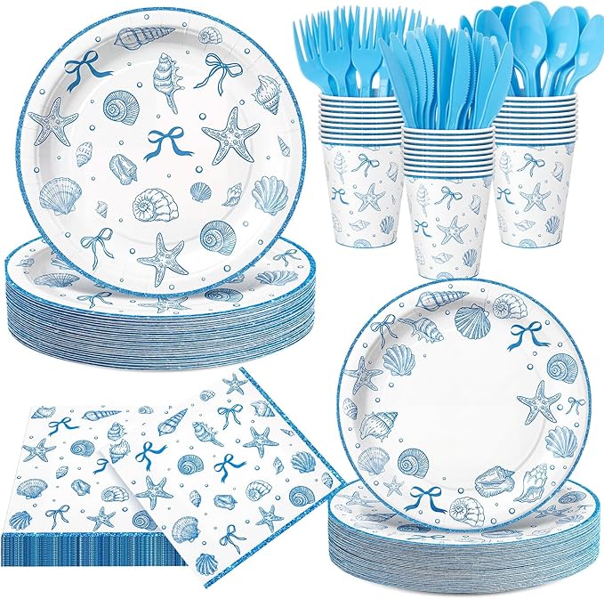 Honeydak 210 Pcs Seashell Beach Party Supplies, Serve 30 Coastal Theme Disposable Paper Plates Blue Ocean Starfish Party Decorations Napkins Forks Cups for Bachelorette Summer Birthday Baby Shower