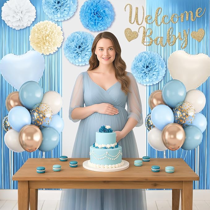 Dusty Blue Baby Shower Decorations for Boy,Welcome Baby Banner with Sand White Champagne Gold Balloons Fringe Curtains Paper Pom Poms Flowers Tassels for Boho Baby Shower Gender Reveal Party Supplies