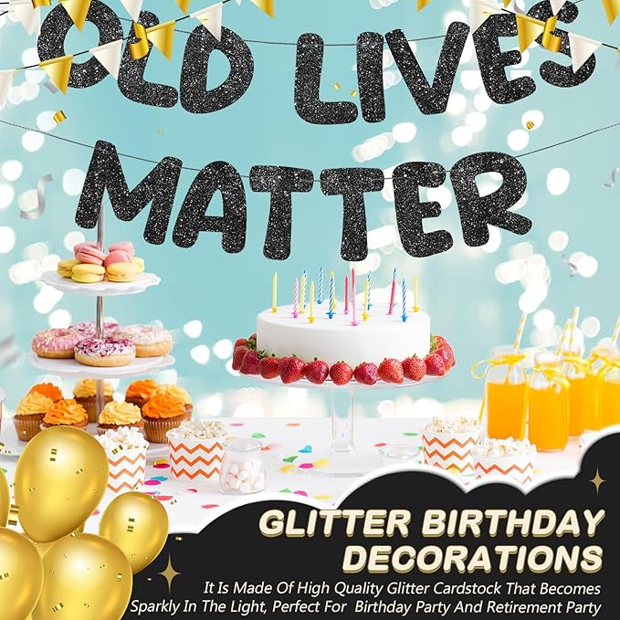 Fulmoon Pre Strung Banner 6.56 ft Funny Birthday Retirement Party Decorations 80th 70th 60th 50th Retirement Party Garland Bunting Decorations for Men Women(Glitter Black)