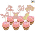 Gyufise 24Pcs Baby Shower Cupcake Toppers Glitter Bow Dress Baby Bottle Oh Baby Cupcake Picks It's a Girl Cake Decorations for Gender Reveal Baby Shower Kids Girls Birthday Party Supplies Rose Gold