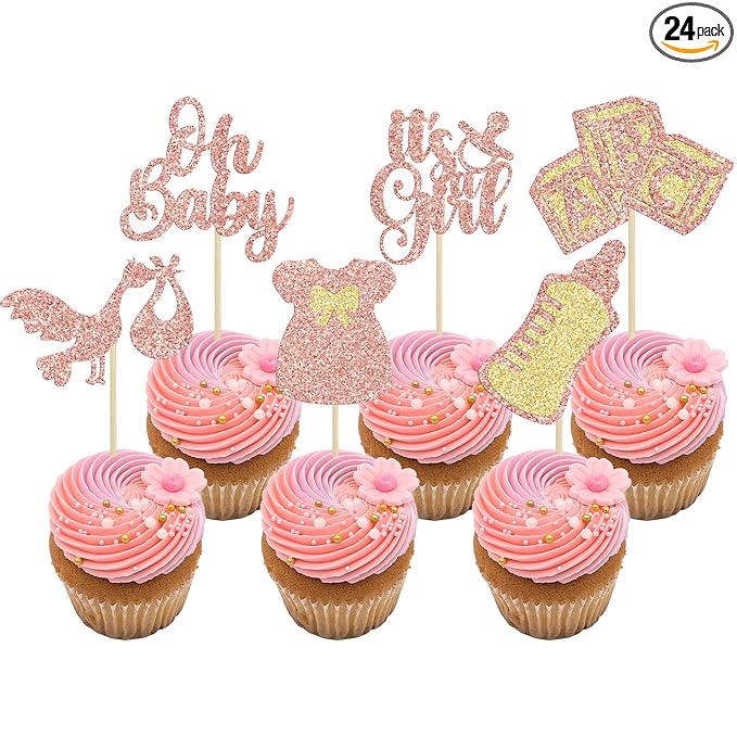 Gyufise 24Pcs Baby Shower Cupcake Toppers Glitter Bow Dress Baby Bottle Oh Baby Cupcake Picks It's a Girl Cake Decorations for Gender Reveal Baby Shower Kids Girls Birthday Party Supplies Rose Gold