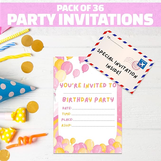 36 Kids Childrens Birthday Party Invitations with Folding Envelope Design and Holographic Stickers (Pink)