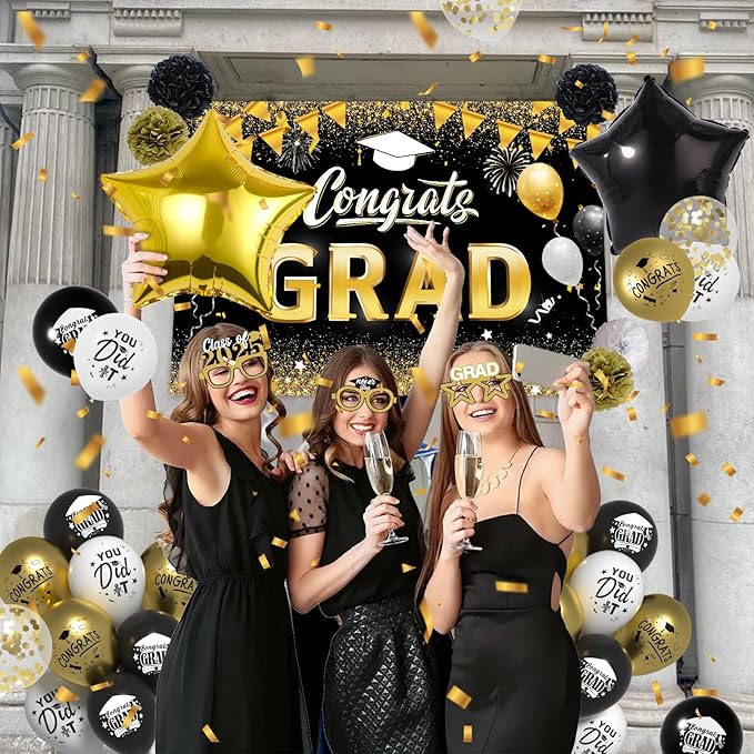 Graduation Party Decorations Black Gold, Graduation Decorations Class of 2025 with Backdrop, Graduations Party Balloons, 2025 Number Balloons, Grad Eyeglasses for Grad Party Supplies 2025