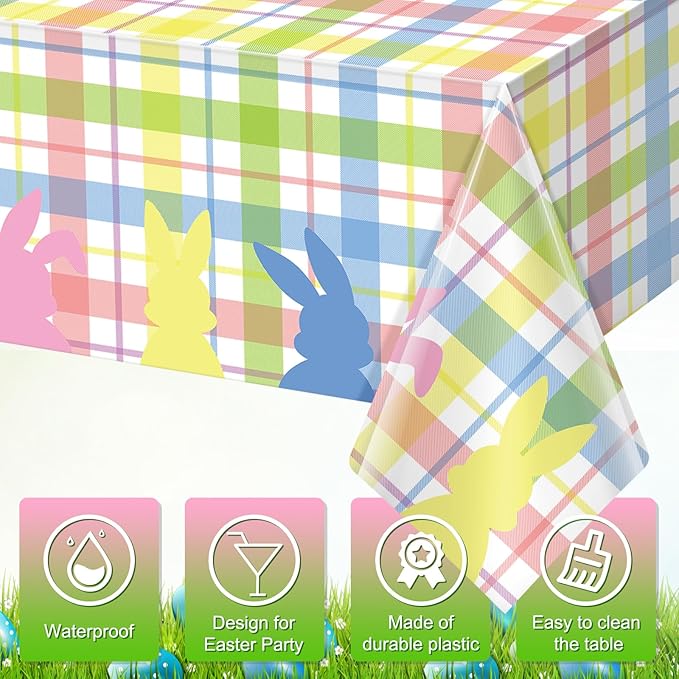 3Pcs Spring Easter Buffalo Plaid Checkered Tablecloth Decorations,Plastic Bunny Watercolor Pink Blue Yellow Green Pastel Disposable Table Cover for Spring Birthday Easter Party Supplies,54 x 108 Inch