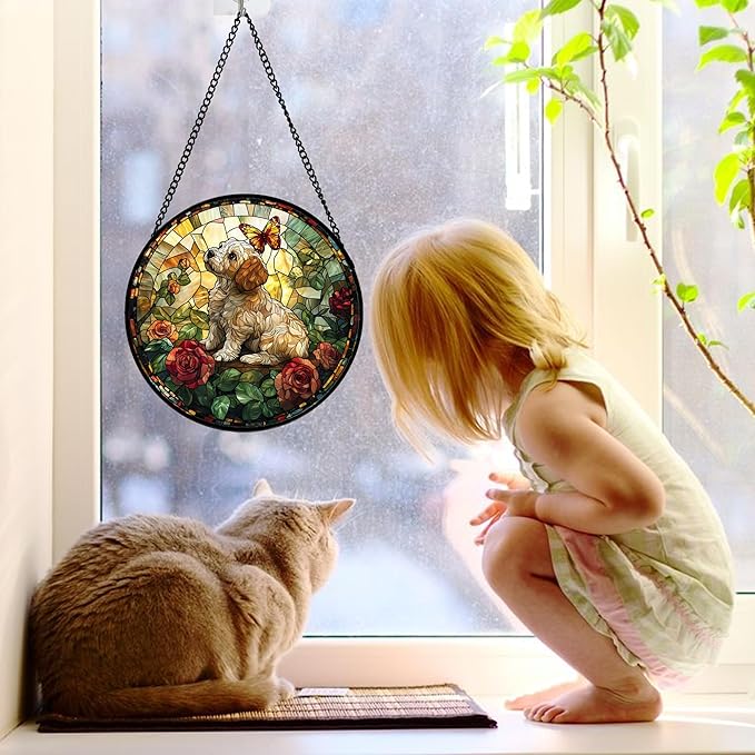 Stained Glass Window Hanging, Cute Dog and Flowers Suncatcher for Doors Home Butterfly Sun Catchers Decoration and Christmas, Mother's Day Birthday Gifts for Women, Men, and Mom 6.3 in