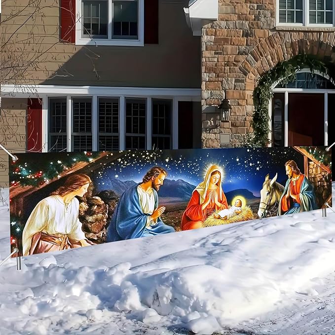 Nativity Scene Banner 79x18 Inches Christmas Fence Banner Holy Night Yard Display Jesus Birth Manger Scene Backdrop Christian Outdoor Decorations Holiday Sign