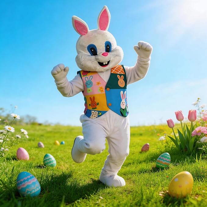 Easter Bunny Mascot Costume Blue Vest Unisex Deluxe Rabbit Costume Party Adult Size Fancy Dress