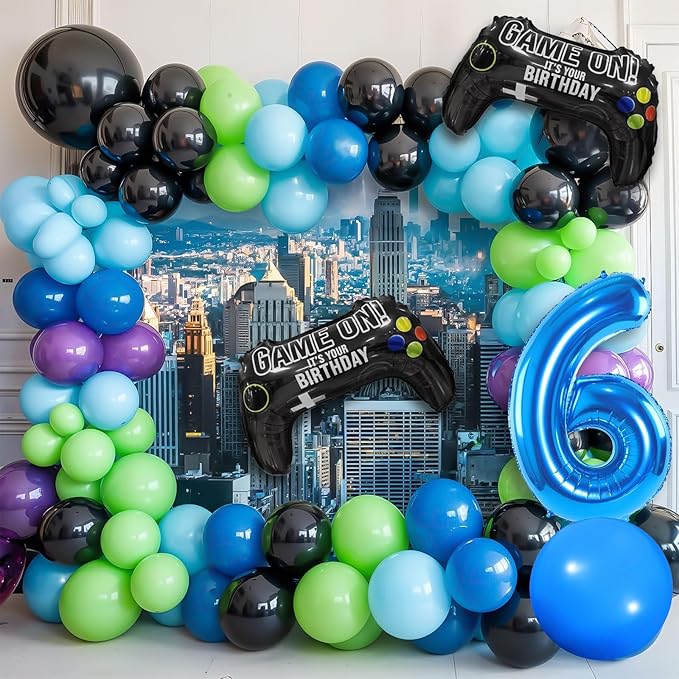 6th Birthday Video Game Balloons Arch Kit, Blue, Black, 101 Pieces, Video Game Themed, Balloon Arch, Decoration, Children (Boys & Girls, Age 6), Unisex