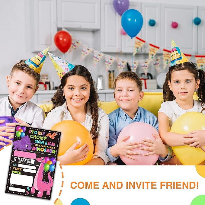 DETIHO 4" x 6" Dinosaur Theme Birthday Party Invitation Cards With Envelopes - Let's Party Like Dinosaur Chalkboard Party Invitation - 20 Sets - E27