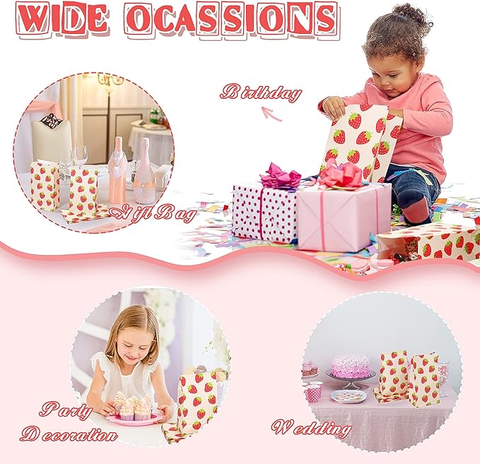 Chrisfall 20 Pcs Strawberry Party Favor Bags Strawberry Candy Paper Goodie Bags Cute Snack Treat Decoration for Fruit Themed Birthday Wedding Baby Shower