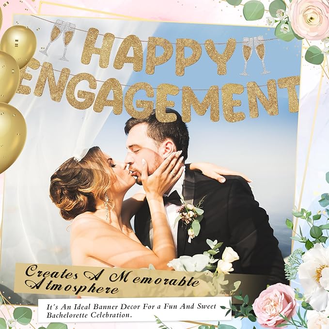 Breling Pre Strung Happy Engagement Banner Glitter Engagement Party Decorations for Congratulations Engaged Wedding Shower Signs Decor(Champagne Gold)
