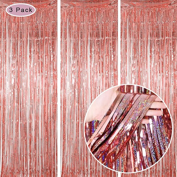 3 Pack Fringe Curtains Party Decorations,Tinsel Backdrop Curtains for Parties,Photo Booth Wedding Graduations Birthday Christmas Event Party Supplies (Rose Gold)