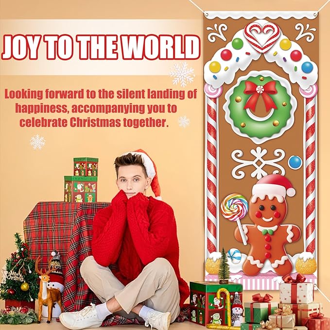 Christmas Gingerbread House Door Cover Decorations - Gingerbread Door Banner for Candyland Party Backdrop Decor Indoor Outdoor, 72×30 Inches