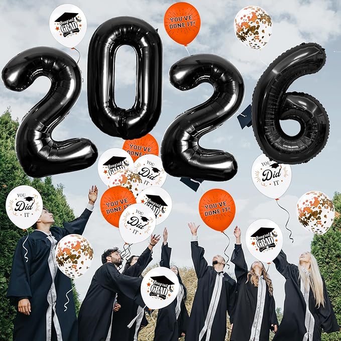 Graduation Decorations 2026, Class of 2026 Backdrop, Banner, 2026 Foil Balloons, Tablecloth, Hanging Swirls, Honeycomb Centerpieces, Party Supplies Decorations Set for College (Orange)